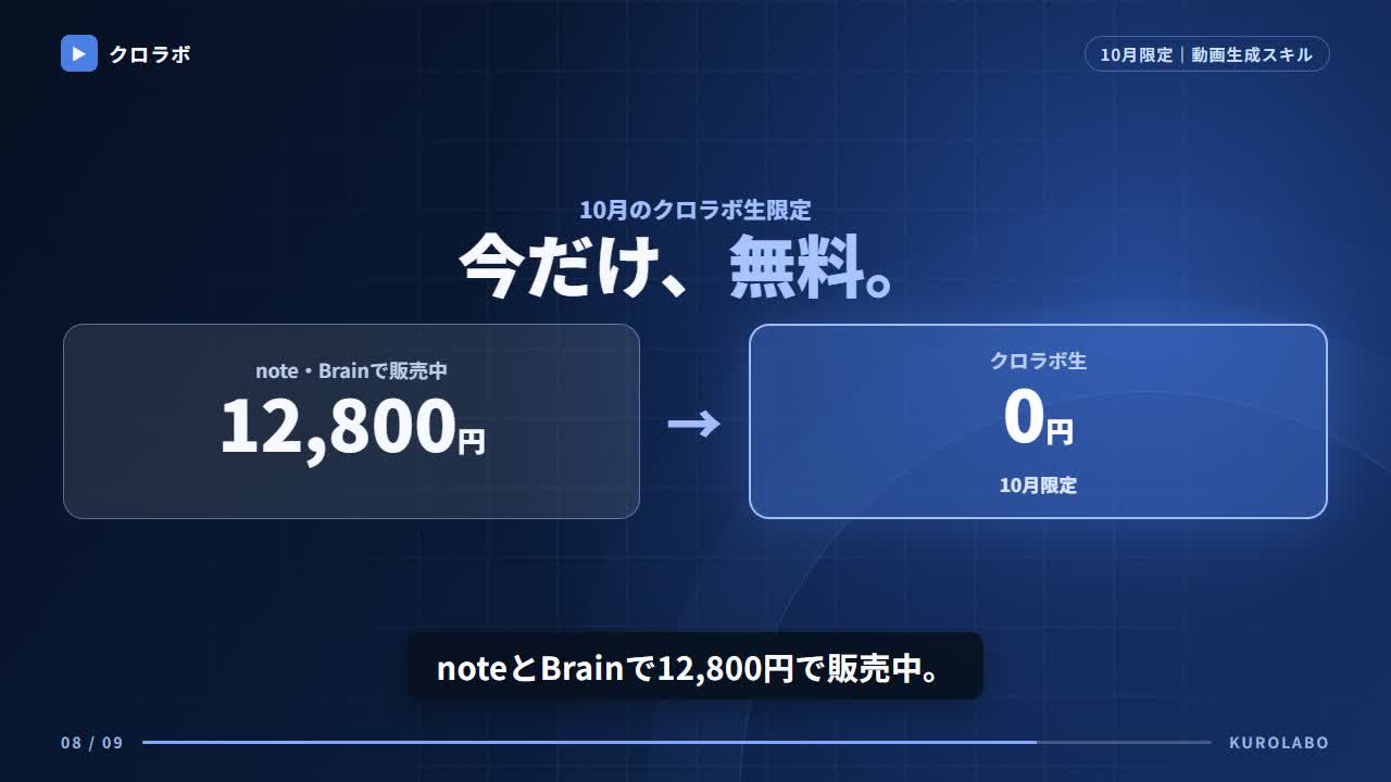 クロラボ生は10月限定で動画生成スキルが無料になる告知画面